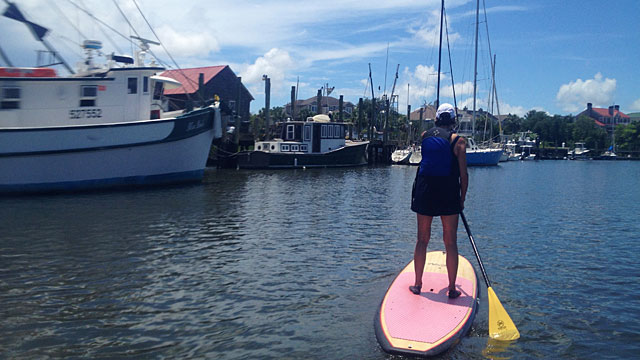 Debbie paddleboarding on Shem Creek