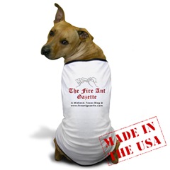 Photo of dog wearing Fire Ant Gazette logo shirt