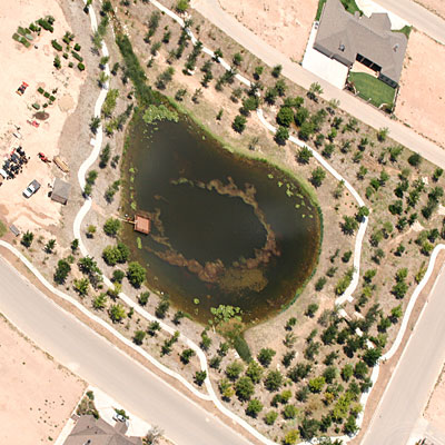 Aerial photo of main pond at Woodland Park