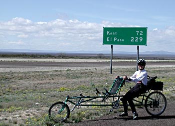 Photo of wife and recumbent tandem in West Texas