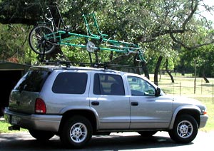 Durango with Ryan Duplex recumbent tandem mounted on roofrack