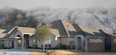 Fake photo of sandstorm billowing behind our house