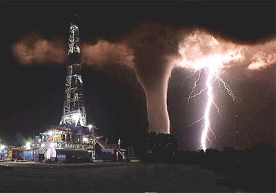 Photoshopped image of drilling rig, tornado and lightning