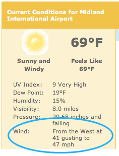Screenshot of Weather.com showing high wind speeds