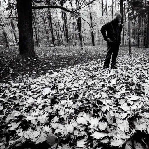 Black and white AI-generated photo of a man looking at a giant pile of leaves.