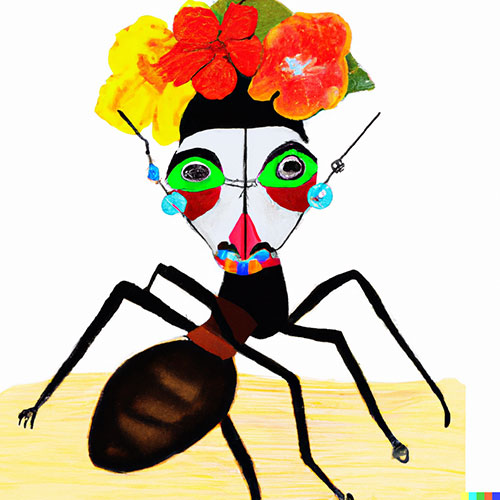 Image: Ant in the style of Frida Kahlo by DALL-E 2's AI engine