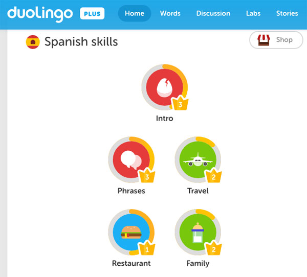 Screen capture of Duolingo's lessons