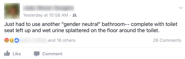 Facebook post bemoaning male trashing of gender-neutral restroom