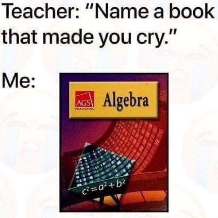 Meme- Teacher: Name a book that made you cry. Student: Algebra textbook