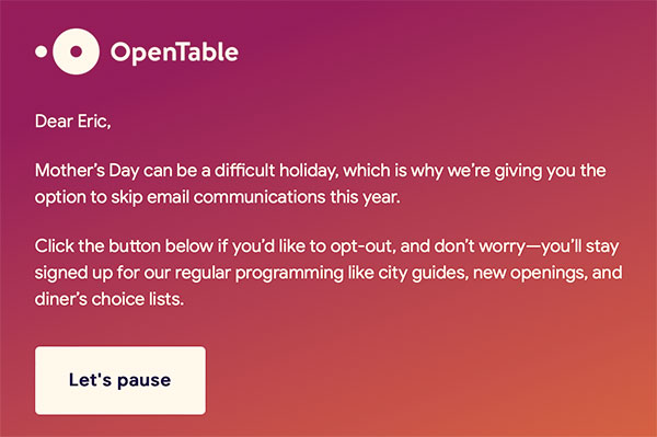 Screen capture of a portion of an email from OpenTable
