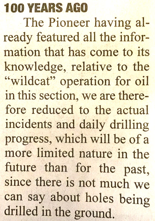 Newspaper clipping opining about the boredom elicited by reporting of the drilling of oil wells