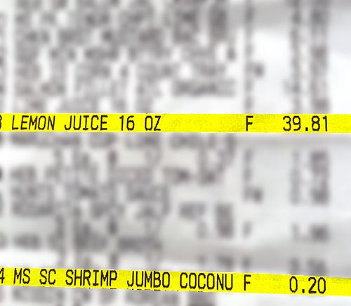Photo - Portion of a grocery receipt showing $39 for a bottle of lemon juice