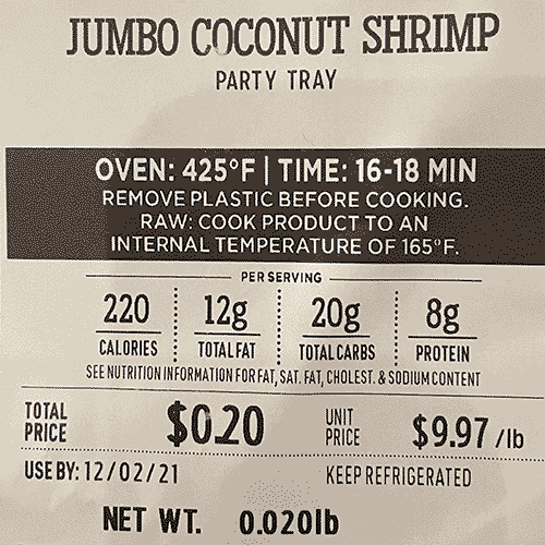 Photo - Label on a package of coconut shrimp showing a price of twenty cents