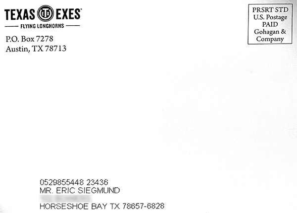 Address label from a Texas Exes mailing