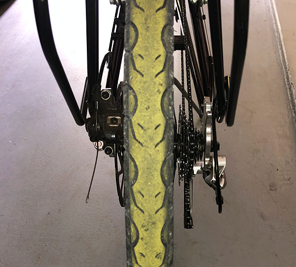 Photo - pollen covering the tread of our bicycle tire