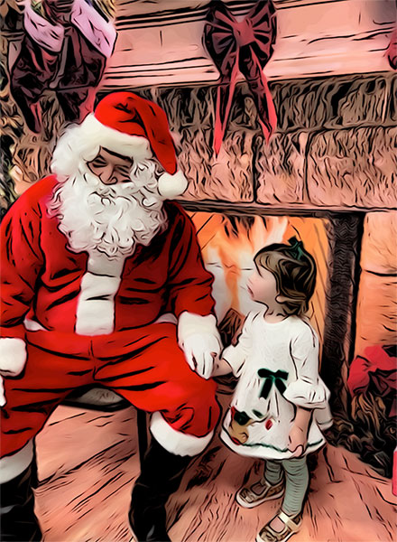Stylized photo - A young girl stares suspiciously at Santa while holding his hand