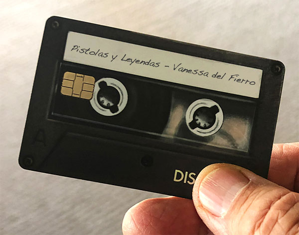 Photo - credit card labeled 'Pistolas y Leyendas - Vanessa del Fierro'