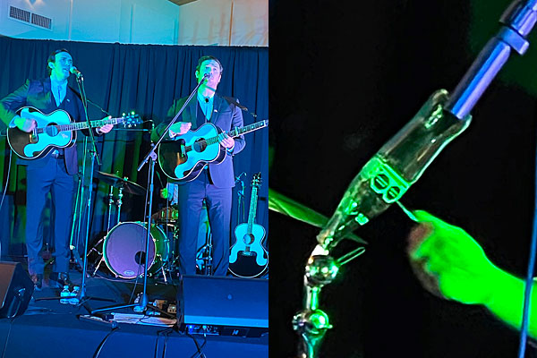 Photo collage of the Zmed Brothers and the drummer playing a coke bottle