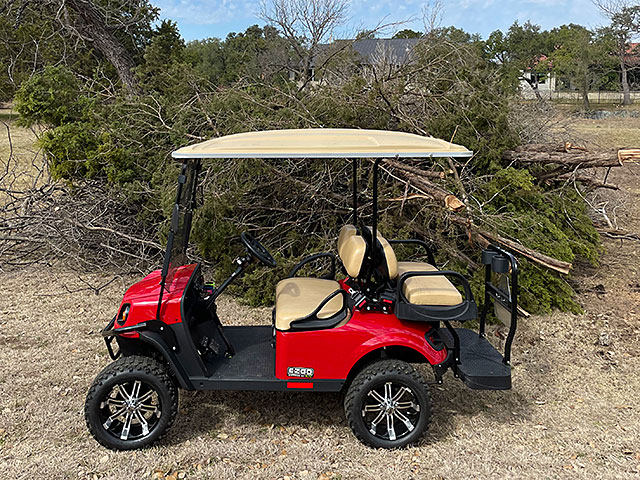 Photo: Golf cart parked in front of a huge pile of tree limbs and brush