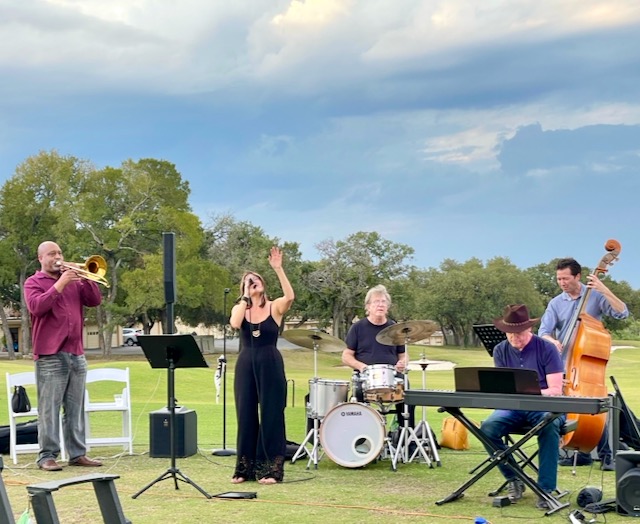 Photo: Honeybee Jazz quintet playing an outdoor concert in Horseshoe Bay, Texas - October, 2022
