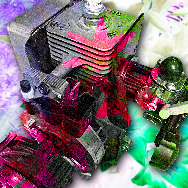 Photo - A two-stroke engine overlaid with a floral patter