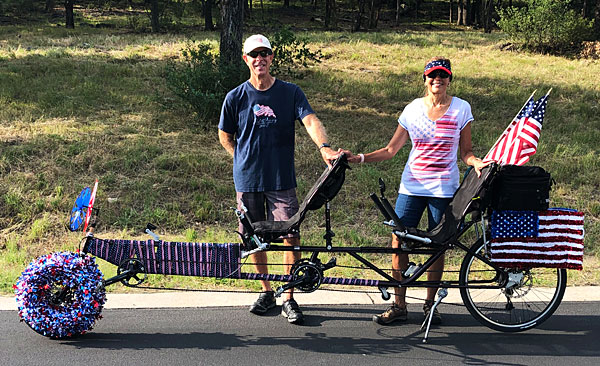 MLB and I pose with our decorated recumbent tandem