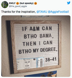 Screen capture of a tweet from an A&M student