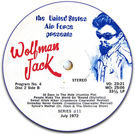 Label from a 1972 US Air Force promotional LP record featuring Wolfman Jack