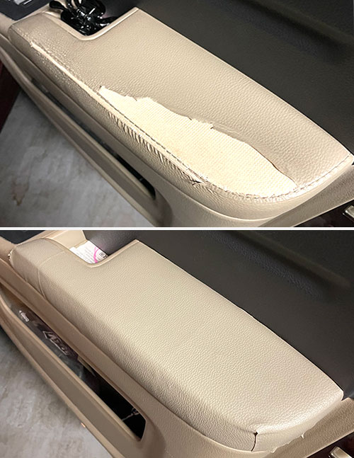 Before and after photos of a re-covered automobile armrest
