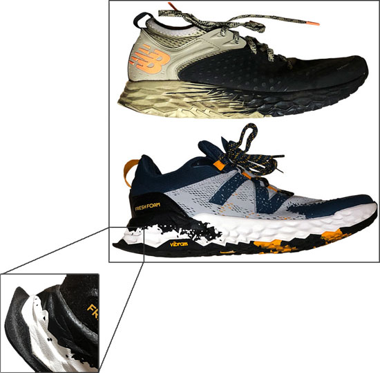 Photo - comparison of the version 4 and version 5 of the New Balance trail shoe