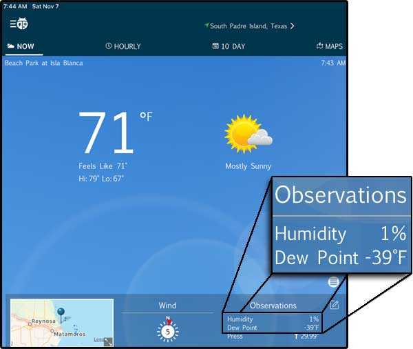 Photo - Screen capture of Weatherbug app showing humidity to be 1%