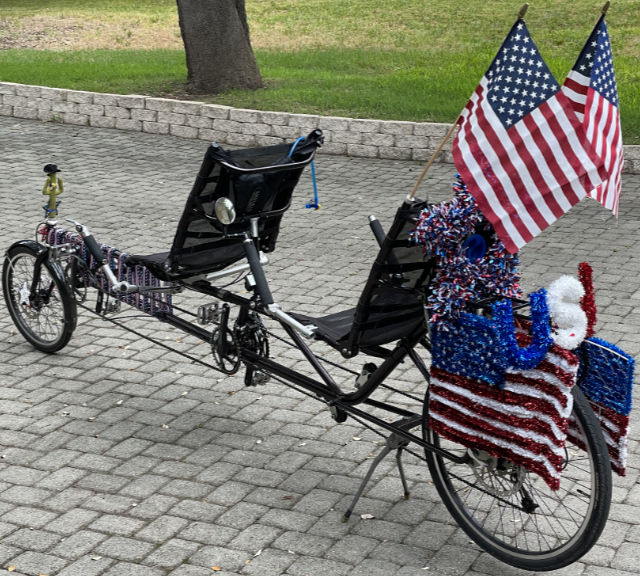 Photo: Recumbent tandem bicycle decorated for the Fourth of July