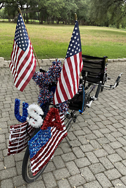 Photo: Recumbent tandem bicycle decorated for the Fourth of July