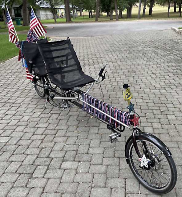 Photo: Recumbent tandem bicycle decorated for the Fourth of July
