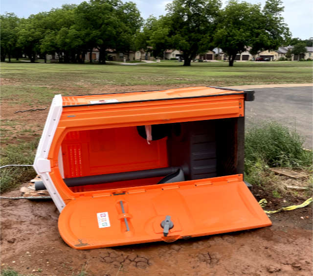 Photo: Portable toilet lying on its side following a wind storm